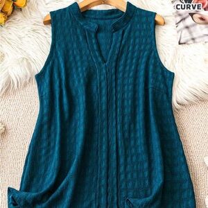 SHEIN Teal Sleeveless Loose Waffle Top with Mandarin Collar- NWOT